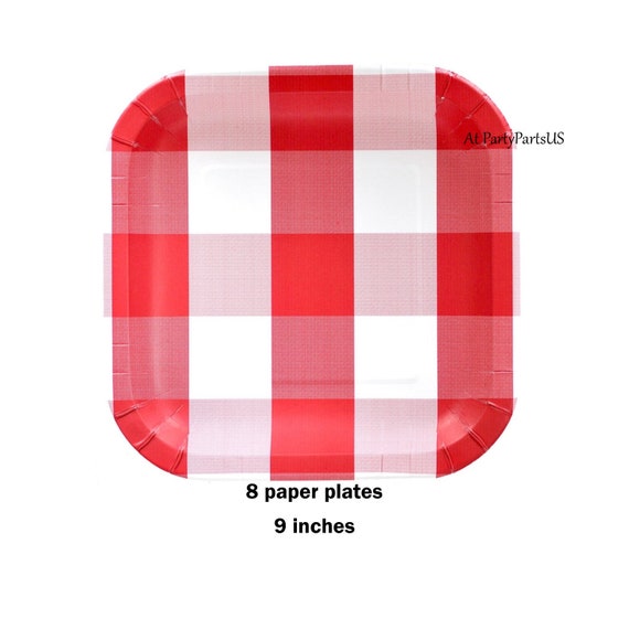 red plaid plates, red gingham picnic tableware, graduation party ideas, Memorial Day, 4th of July, Independence Day, Fathers Day, red, white Il_570xn
