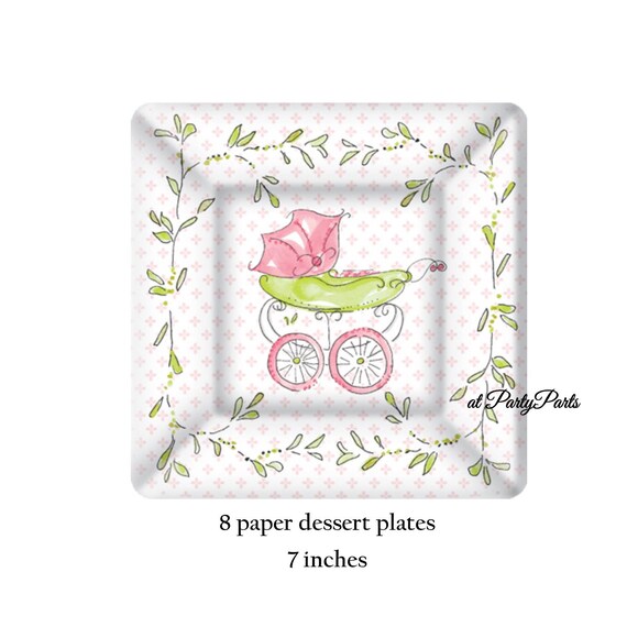 Pink Stroller Plates Girls Baby Shower Decorations Green Etsy