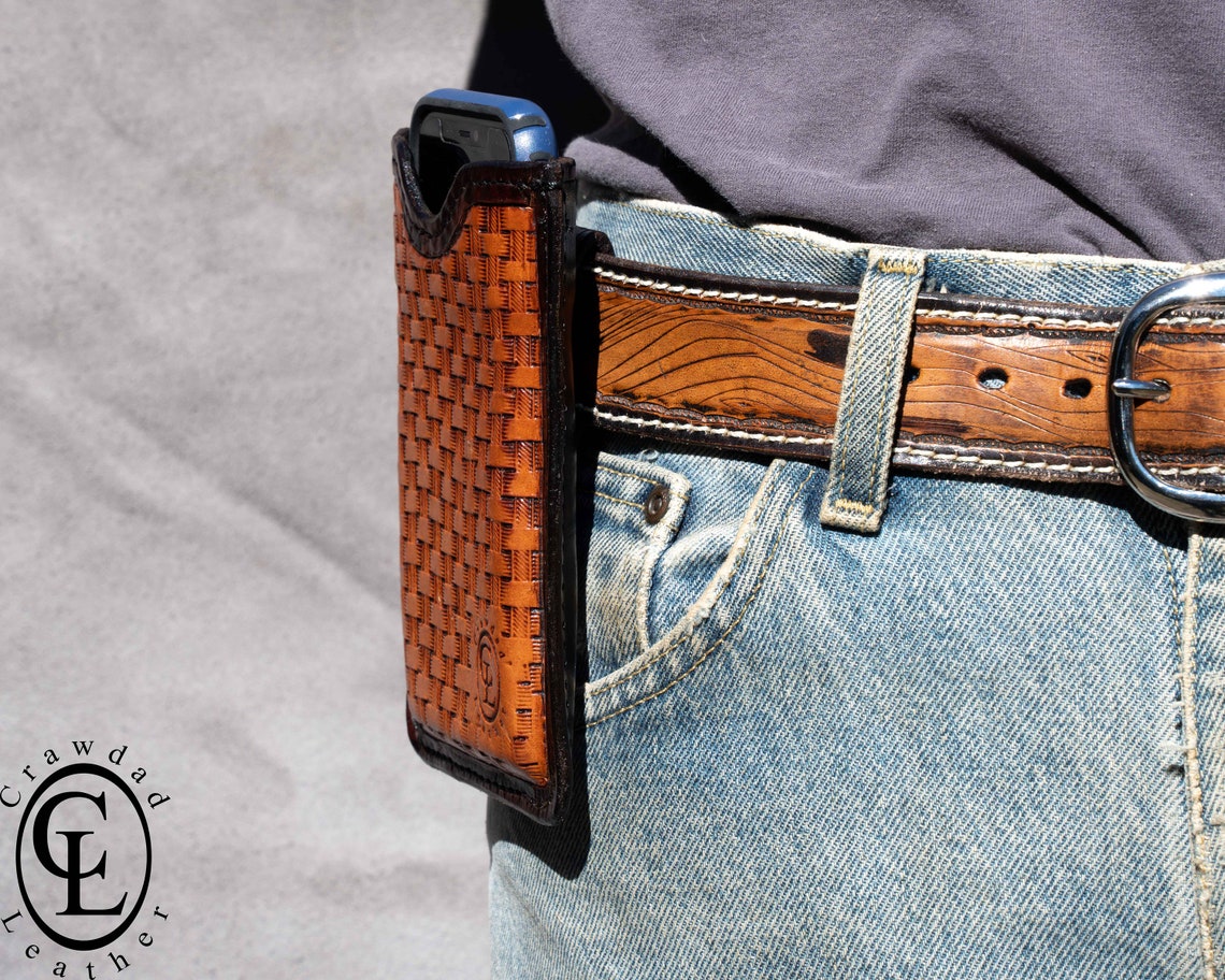 Hand Tooled Basket Weave Leather Cell Phone Holster Dyed With | Etsy