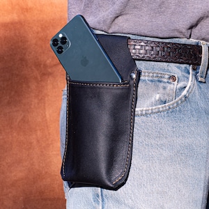 Large leather cell phone holster for your belt, handmade from Genuine leather with rivets