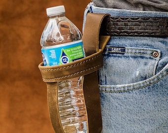 Handmade Leather Water Bottle Holster Belt Loop Hands Free Drink Holder