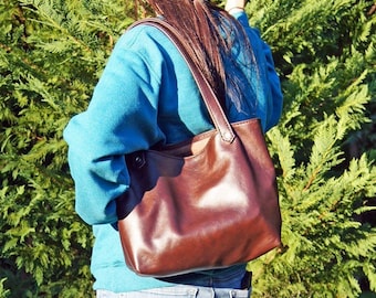 Brown Leather Tote Bag * Handmade Leather Purse* Genuine Leather * With Handy Inside Pocket * Heavy Duty Black Thread.