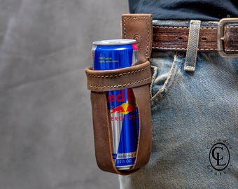 Leather Drink Holster – Handmade Belt Clip Can Holder, Red Bull, Soda, Water Bottle Holder, Gift Box Included
