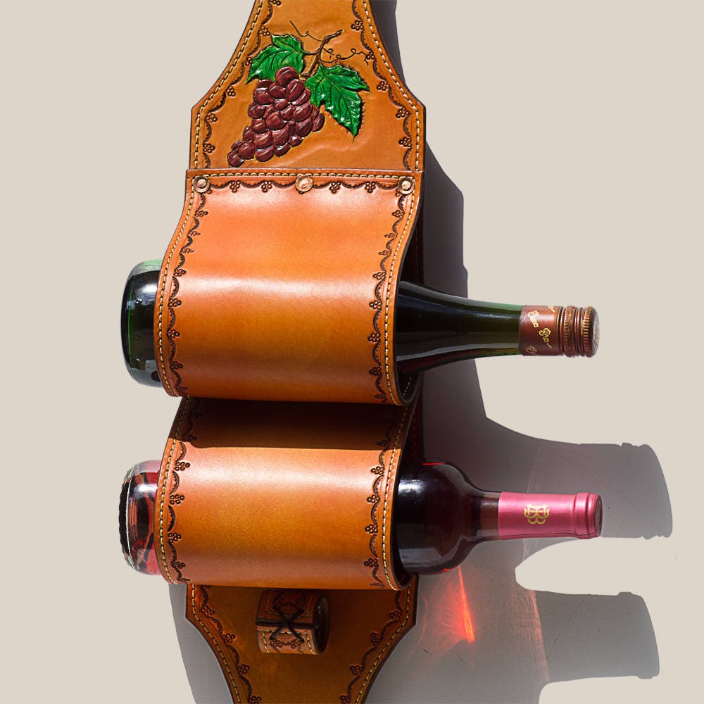 Hand Tooled Leather Wine Rack: Wall Mounted Bottle Holder - Etsy