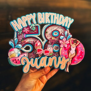 Summer Birthday Cake Topper Beach Party Decor   Custom Name & Age Tropical Theme Glitter Cake Decoration&quot;