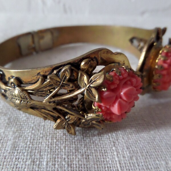Vintage Statement Hinged Cuff Pink Coral and Bronze Colored Metal Floral Bracelet