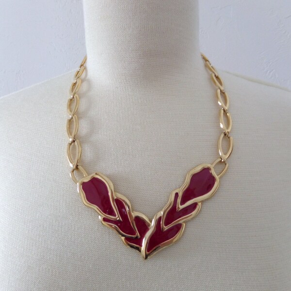 Vintage Statement Gold Tone Maroon Enamel Metal Bib Necklace