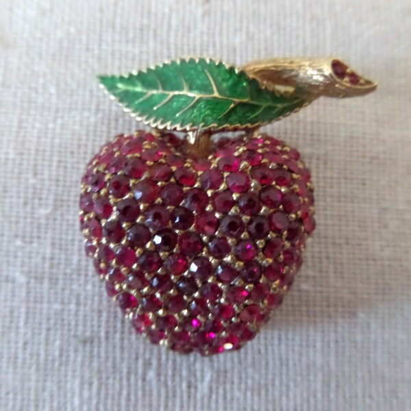Vintage Ciner Red Crystal Pave Set Apple Brooch