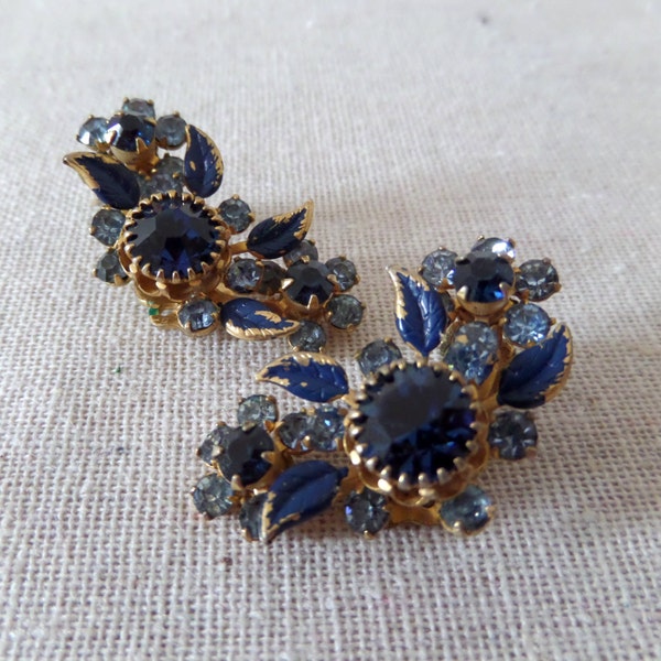 Beautiful Vintage Sapphire Colored Rhinestone and Enamel Gold Tone Clip On Earrings