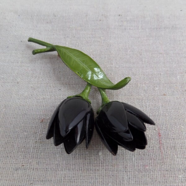 Vintage Black Tulip Enamel Brooch
