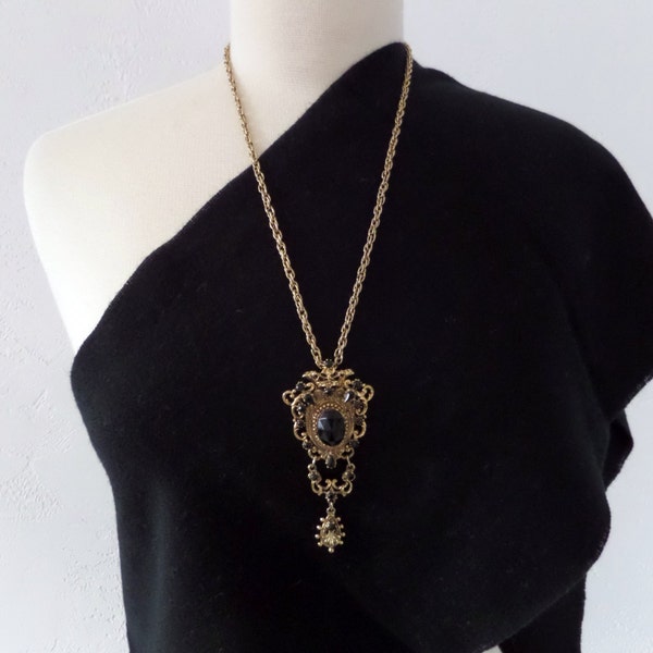 Vintage Gold Tone Statement Necklace with Black Rhinestone Crown Pendant