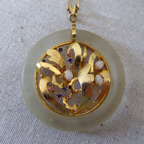 Vintage Statement Gold Tone Round Faux Opal and Rhinestone Frosted Acrylic Pendant Necklace