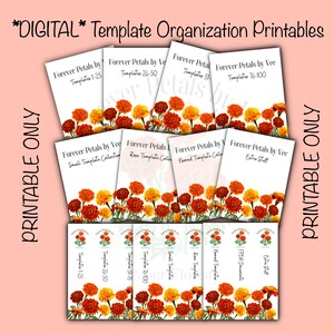 May include: Printable digital template organization labels with a floral design featuring orange and yellow marigolds. The labels are titled "Forever Petals by Vee" and include titles for different template collections, such as "Small Template Collection", "Rose Template Collection", "Named Template Collection", and "Extra Stuff".