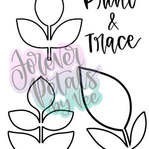 May include: Black and white line art print and trace activity featuring three different leaf designs. The text "Print & Trace" is included in the image.