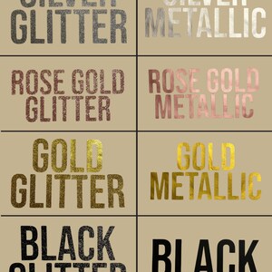 K&ouml;nnte beinhalten: Ein visueller Vergleich verschiedener Glitzer- und Metallic-Oberfl&auml;chen. Die Optionen umfassen Silberglitter, Silber Metallic, Ros&eacute;goldglitter, Ros&eacute;gold Metallic, Goldglitter, Gold Metallic, Schwarzglitter und Schwarz.