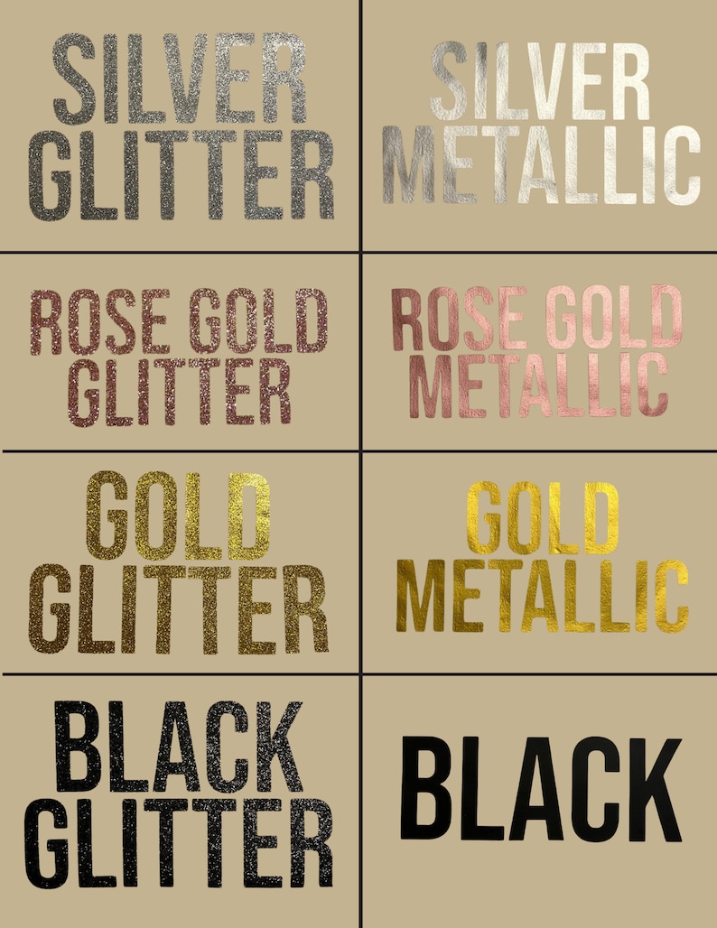 K&ouml;nnte beinhalten: Ein visueller Vergleich verschiedener Glitzer- und Metallic-Oberfl&auml;chen. Die Optionen umfassen Silberglitter, Silber Metallic, Ros&eacute;goldglitter, Ros&eacute;gold Metallic, Goldglitter, Gold Metallic, Schwarzglitter und Schwarz.