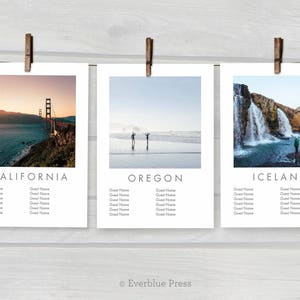 May include: Three white rectangular cards hanging from a string with wooden clips. Each card features a photograph at the top, a location name, and columns for guest names. The cards are labeled California, Oregon, and Iceland with Everblue Press text.