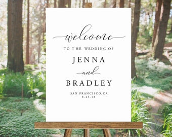 May include: A rectangular white wedding welcome sign with black text that reads: welcome TO THE WEDDING OF JENNA and BRADLEY SAN FRANCISCO, CA 8-23-18. The sign is displayed on a wooden easel stand, featuring a clean, minimalist design.