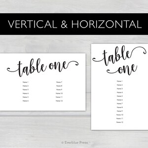 May include: Two white rectangular table seating charts with black text. The horizontal version displays the words table one and two columns of names 1 through 12. The vertical version displays table one and a single column of names 1 through 12.