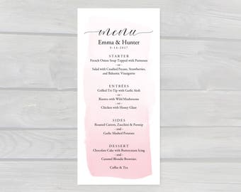 Baby Shower Menu Template Printable, Blush Pink Watercolor, 3.75x8 PDF Instant Download