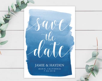 Ocean Blue Painted Save The Date Printable PDF Template, 5x7 Instant Download