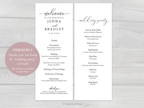 Wedding Ceremony Program Template Printable Instant Download Etsy