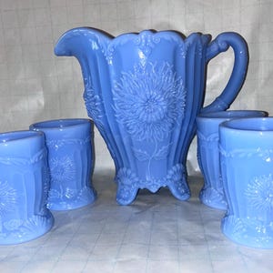 Mosser Dahlia Pitcher and Tumblers in Delphite Blue Milk Glass