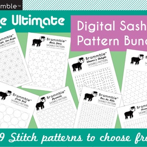 A digital rendering of the Printable sashiko pattern PDFs scattered about the image.