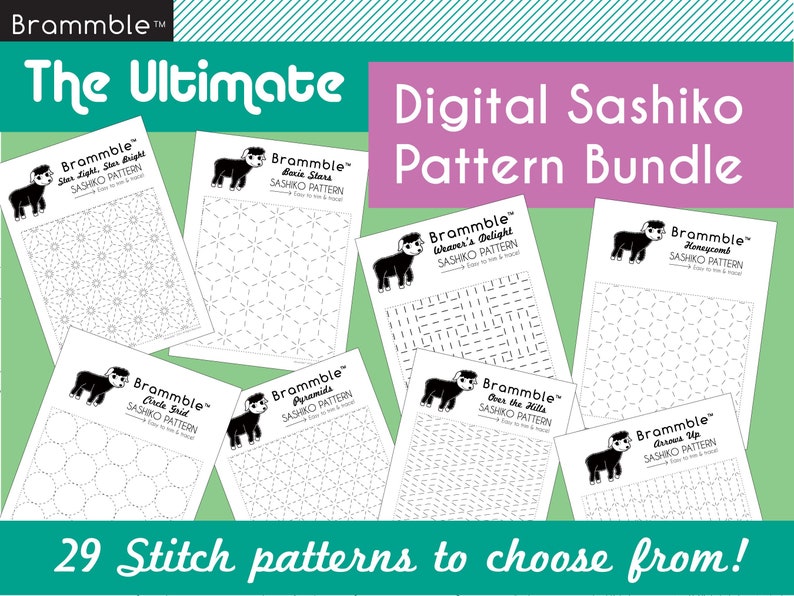 A digital rendering of the Printable sashiko pattern PDFs scattered about the image.