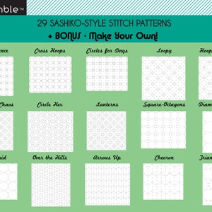 Small swatches to show the various sashiko patterns available in the bundle pack.