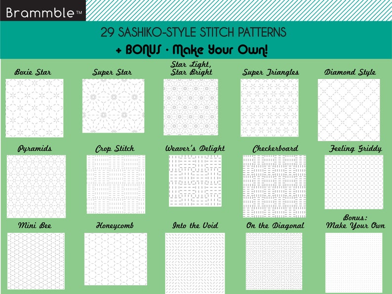 Small swatches to show the various sashiko patterns available in the bundle pack.