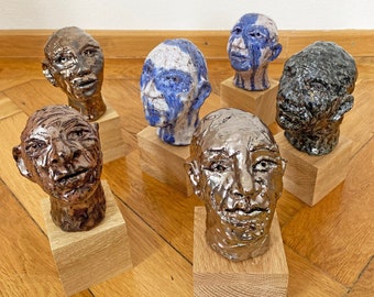 Metallic Heads, 6 ceramic heads on wooden cubes, ceramics, studio ceramics, sculptures, handmade, unique