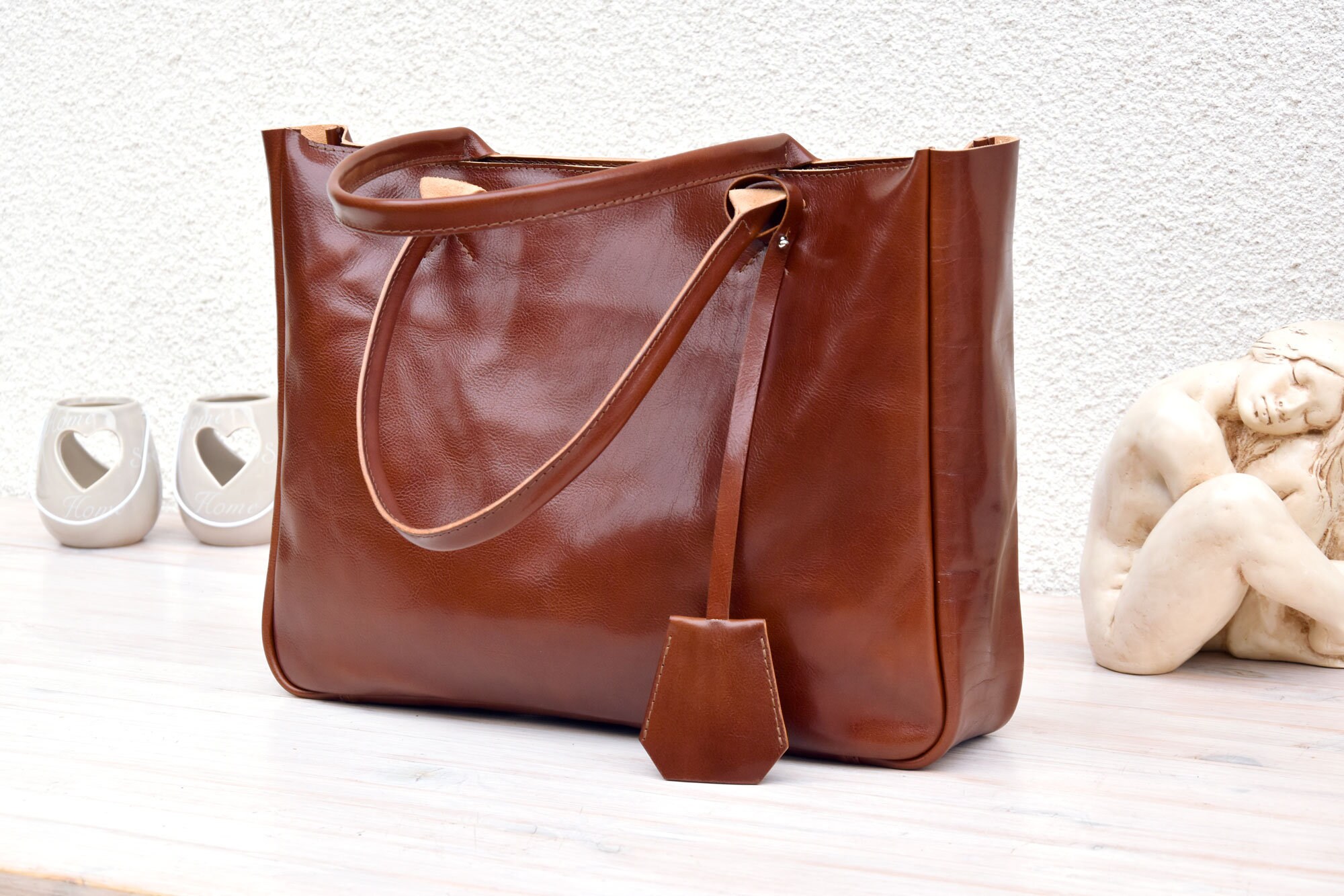Leather Tote BELLA Cognac Brown Medium Size Brown Leather Etsy