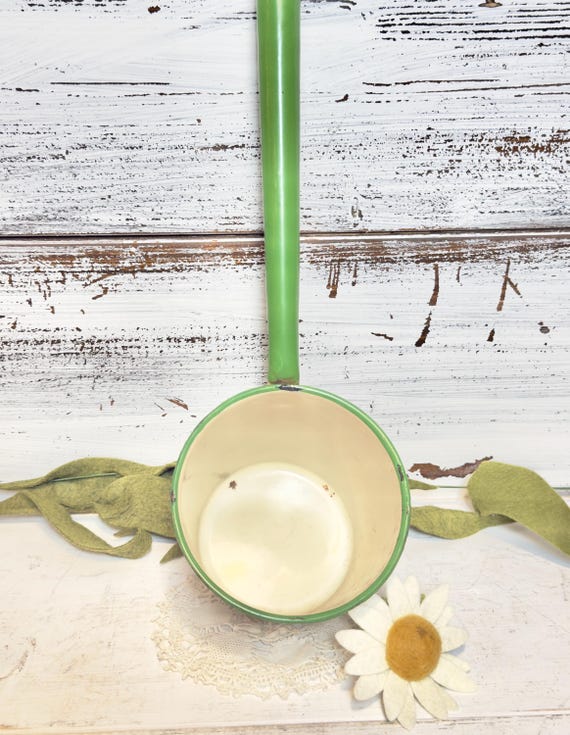 Vintage Green and Cream Enamelware Ladle Scoop