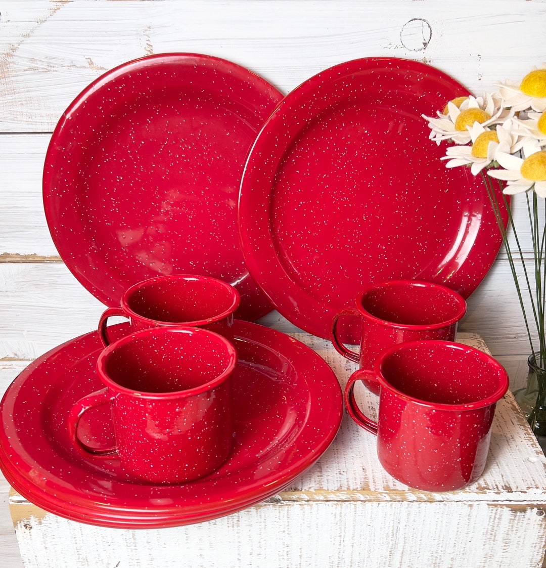 Vintage Red Enamel Plates and Mugs Etsy