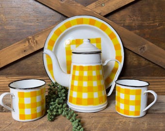 Antique French Yellow Plaid Enamelware Set / Coffee Pot Cups, Plate Set / Sunshine Yellow / Farmhouse Decor