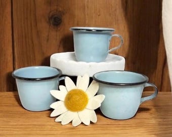 Vintage Enamelware Child’s Mug / Light Blue with Black Trim