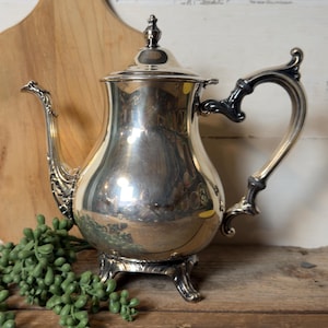 May include: A silver-colored teapot with a curved spout and handle, resting on three decorative feet. The teapot has a lid with a small finial. The background includes a wooden cutting board and greenery.