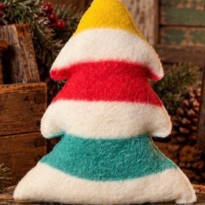 Puede incluir: Un adorno de felpa con forma de &aacute;rbol triangular hecho de material de fieltro. El dise&ntilde;o presenta rayas horizontales en amarillo, blanco, rojo, blanco, verde azulado y blanco. La textura parece suave y difusa, con una silueta escalonada.