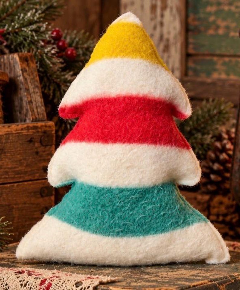 Puede incluir: Un adorno de felpa con forma de &aacute;rbol triangular hecho de material de fieltro. El dise&ntilde;o presenta rayas horizontales en amarillo, blanco, rojo, blanco, verde azulado y blanco. La textura parece suave y difusa, con una silueta escalonada.