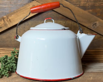 Vintage Enamel Red and White Tea Pot / Kettle / Farmhouse Decor