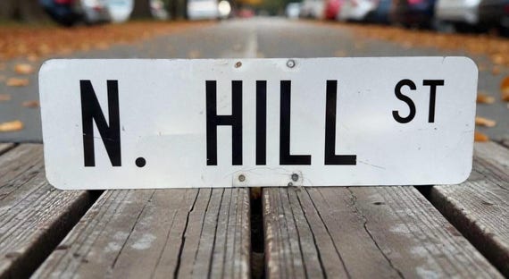 Vintage Double Sided Street Sign / North Hill Street / Metal Sign / Man Cave / Office Decor