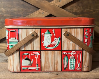 Vintage Metal Picnic Basket / Tin Litho Red Wood Style