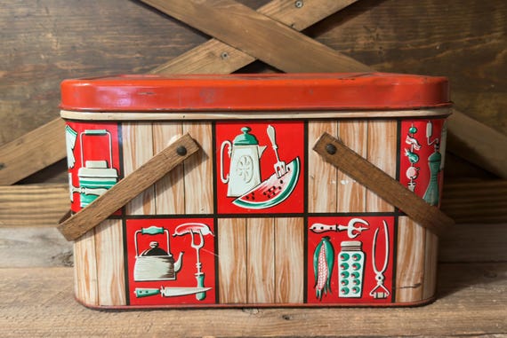 Vintage Metal Picnic Basket / Tin Litho Red Wood Style
