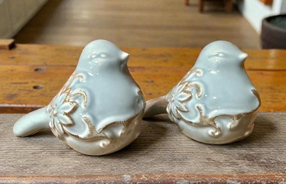 Vintage Light Blue Bird Set / Glazed Ceramic Birds / Embossed and Distressed Floral Design / Farmhouse Decor