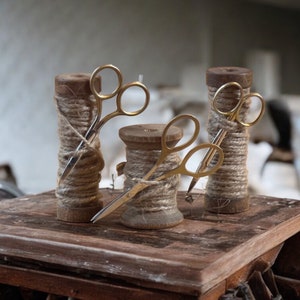 Vintage Wood Sewing Spool with Jute and Scissors
