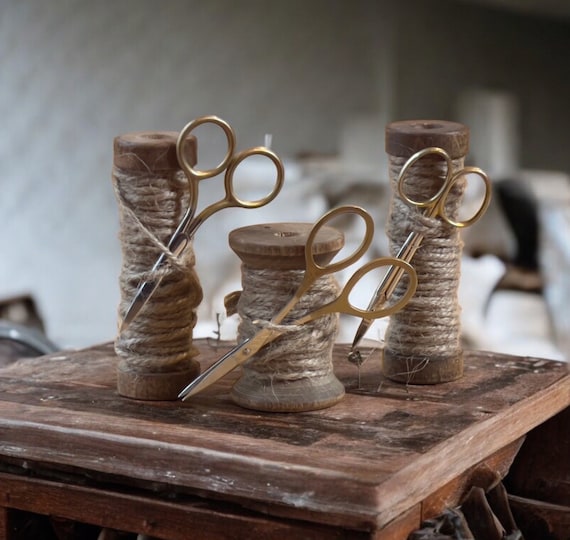 Vintage Wood Sewing Spool with Jute and Scissors