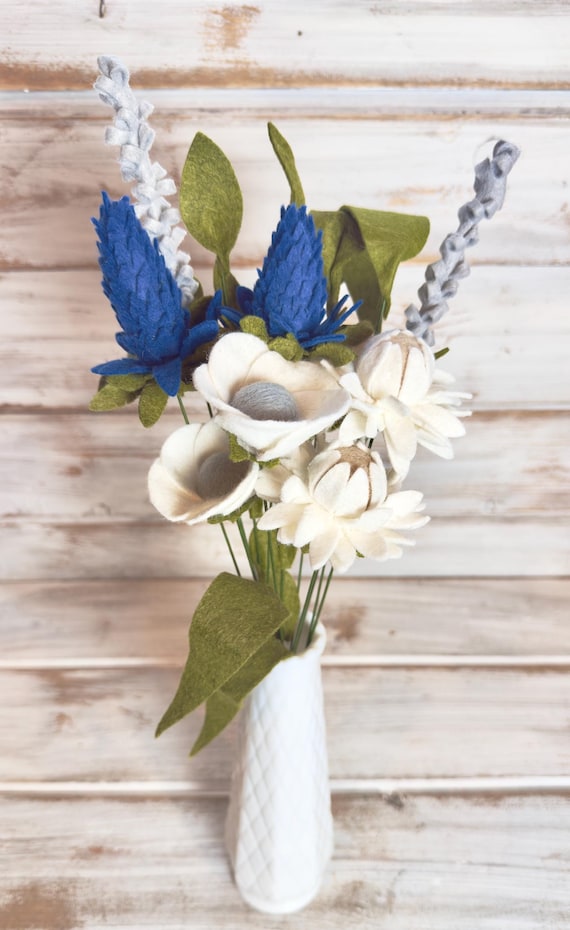 Wool Felt Winter Flower Bouquet / Blue White Arrangment