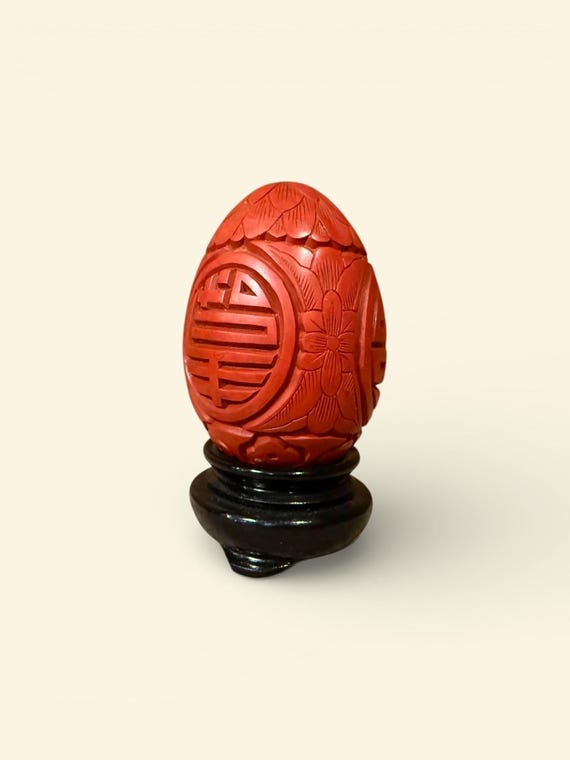 Vintage Red Cinnabar Egg and Stand / Hand Carved Chinese Decor