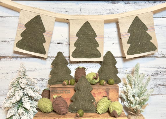 Vintage Grain Sack and Wool Tree Banner / Farmhouse Decor